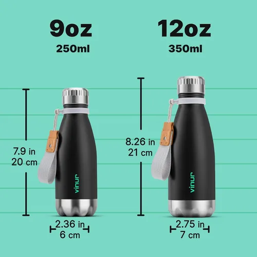 Miniatura 5 de VINUR Botella de agua para niños, 9 onzas, acero inoxidable, doble pared, aislada al vacío, botella de agua para la escuela, frasco en forma de cola