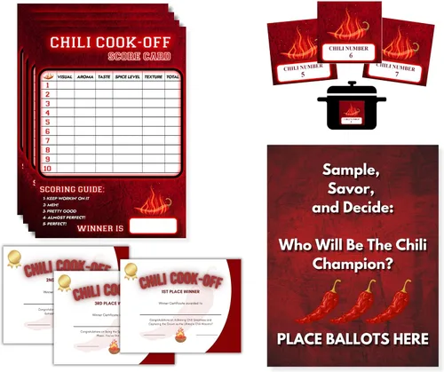 Tarjetas de puntuación de Chili Cook fabricadas en Estados Unidos para competición para Chili Cook-Off, boletas de votación, paquete todo en uno –
