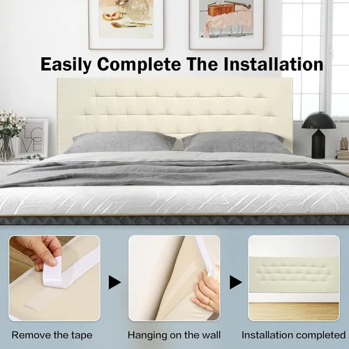 Miniatura 6 de Cabecera tapizada tamaño King, 75 x 23 pulgadas, fácil de montar en la pared, diseño moderno de lino con botones de diamante, color beige