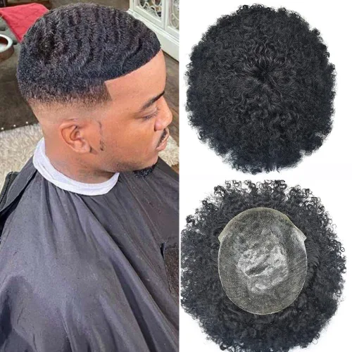 Afro Toupee para hombres negros, duradero sistema de reemplazo de cabello con base de piel de polietileno completo para afroamericanos inyectados PU