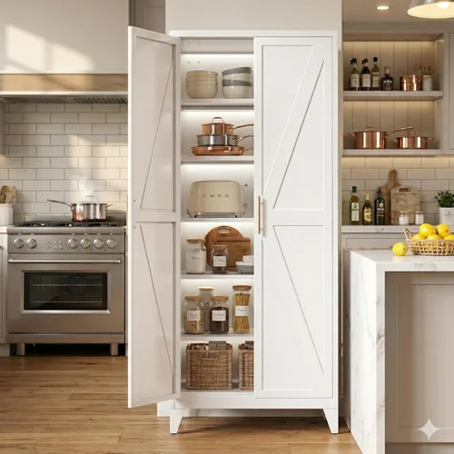 Miniatura 12 de Armario de despensa arqueado de metal blanco de 72.8 pulgadas para almacenamiento de cocina, armario alto de 2 puertas con 6 estantes ajustables