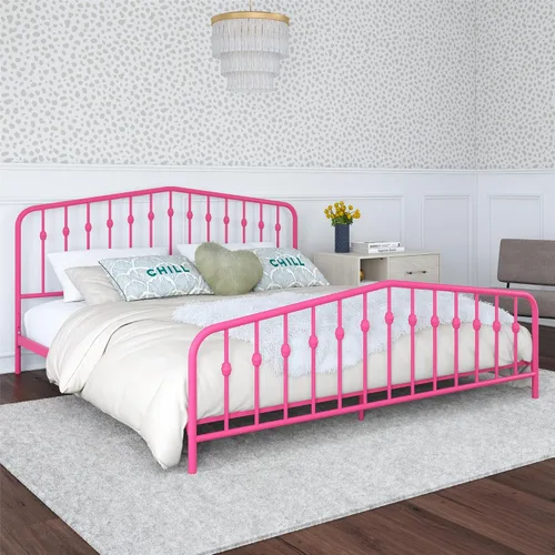 Miniatura 15 de Novogratz Bushwick - Marco de cama Queen de metal con cabecera ligeramente triangular, husillos insertados, base ajustable para almacenamiento,