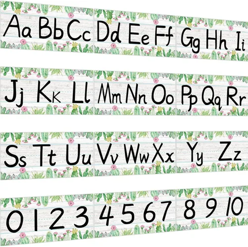 gisgfim Juego de 12 piezas de tiras de tablón de anuncios del alfabeto, diseño de cactus, línea del alfabeto ABC, pancarta y borde de números,