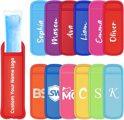 Fundas de hielo personalizadas con texto de logotipo y nombre, fundas aislantes de neopreno, fundas de soporte para paletas de congelador, bolsa de