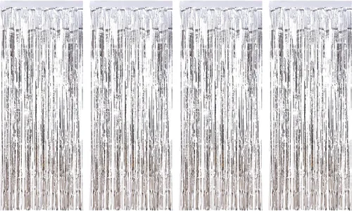 Paquete de 4 cortinas metálicas con flecos para decoración de cumpleaños, bodas, Navidad Plata