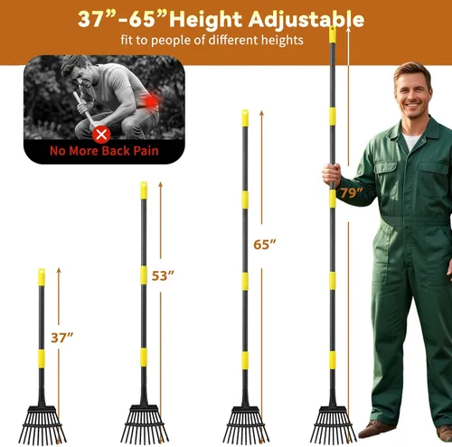 Miniatura 5 de Rastrillo de hojas de jardín para césped resistente, rastrillo de metal para patio con cabezal pequeño y estrecho de 9 pulgadas, mango largo