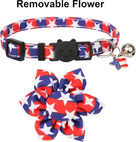 Miniatura 5 de ADOGGYGO Collares de gato con bandera americana con campana de flor removible, ajustables, patrón de bandera del 4 de julio en rojo y azul, collares