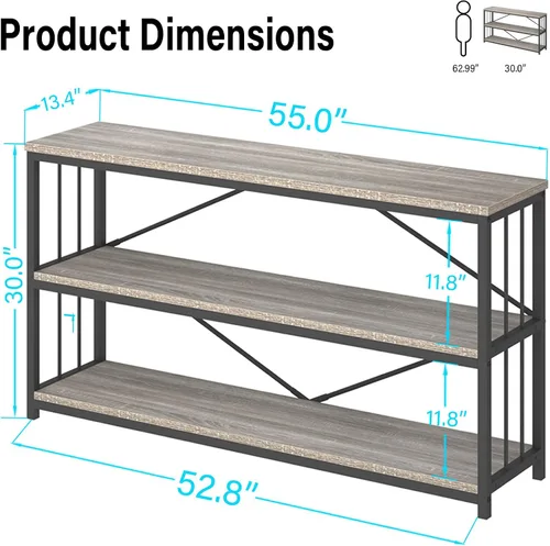 Miniatura 2 de LVB Mesa Consola Industrial de Granja, Mesas de Sofá de Entrada de Metal y Madera con Almacenamiento, Mesa de Entrada Rústica Larga de 3 Niveles