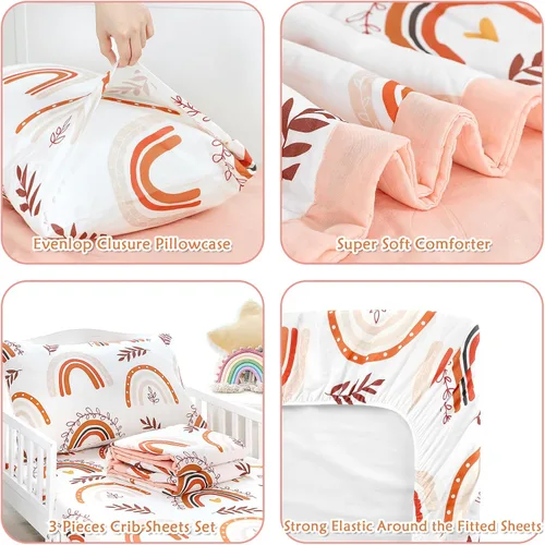 Miniatura 3 de Pea Pod Juego de ropa de cama de muselina para niños pequeños arcoíris de 3 piezas - Ropa de cama suave y transpirable para cuna con sábana