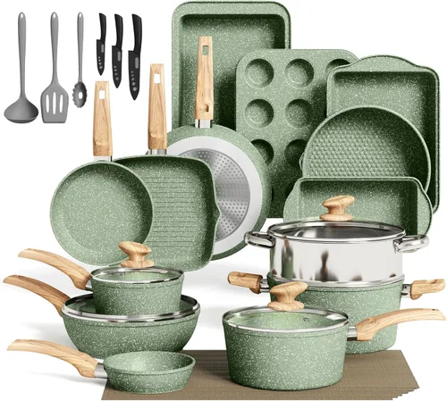 MAISON ARTS Juego de 30 piezas de ollas y sartenes antiadherentes, juego de utensilios de cocina y de horneado con revestimiento de granito Verde