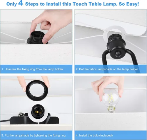 Miniatura 7 de Lámpara de mesa con control táctil y puertos de carga USB duales, 1 salida de CA, lámpara de mesita de noche moderna regulable de 3 vías con Crema