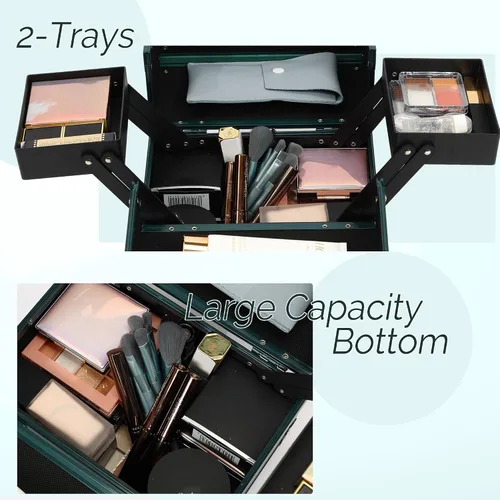 Miniatura 5 de Estuche de Maquillaje 2 Bandejas Caja Organizadora de Maquillaje Estuche de Maquillaje de Viaje Portátil con Cerradura Organizador de Almacenamiento
