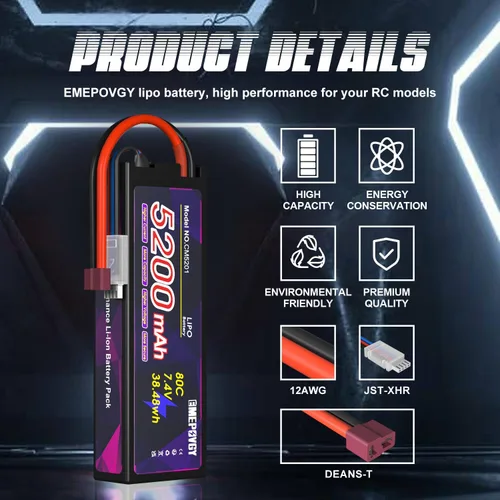 Miniatura 2 de Batería Lipo de 7.4V 2S 5200mAh 80C Lipos Estuche rígido con conector T para coches RC camiones 1/8 1/10 vehículos RC (2 paquetes)