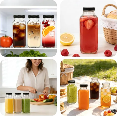Miniatura 6 de Botellas de vidrio de 8 onzas con tapas, paquete de 16 recipientes reutilizables para jugo con cepillo de limpieza, botellas de agua de vidrio