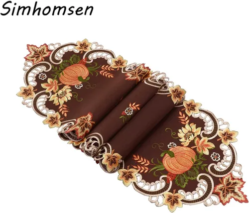 Miniatura 2 de Caminos de mesa bordados marrones de cosecha de Acción de Gracias para decoraciones de otoño u otoño (14 x 34 pulgadas)