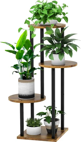 Soporte alto de madera de 4 niveles para plantas, estante de metal para interiores, múltiples estantes para macetas, estante de esquina, estante
