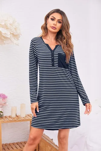 Miniatura 3 de Ekouaer Camisón Bata de manga larga con botones para mujer, con cuello en V, ropa de dormir, vestido de pijama casual