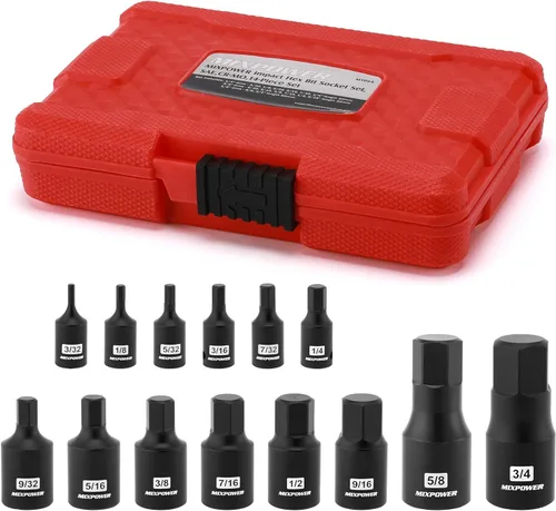 MIXPOWER Juego de 14 piezas de dados Dr. Bit, 3/32 a 3/4, 1/4", 3/8" y 1/2", grado de impacto Cr-Mo, SAE, enchufe hexagonal