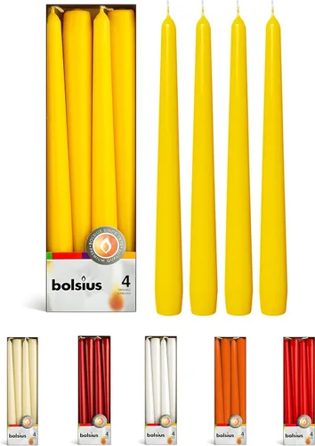 BOLSIUS Velas cónicas amarillas – Paquete de 4 velas sin perfume de 10 pulgadas – 8 horas de tiempo de combustión – Calidad europea premium – Velas