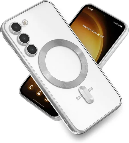 Miniatura 13 de Funda magnética para Samsung Galaxy S23, borde galvanizado, parte trasera transparente, funda protectora delgada con protección de cámara, Rosa