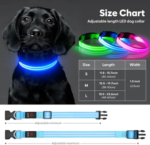 Miniatura 6 de Collar de perro con luz LED, recargable que brilla en la oscuridad, collar ajustable para perros pequeños (S, azul)