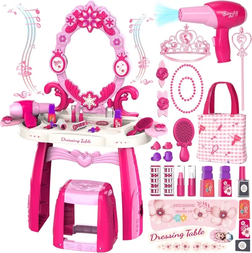 Juego de mesa y silla para niños pequeños, mesa de maquillaje para niñas con luces de espejo y música, juguetes de vestir con secador de pelo,