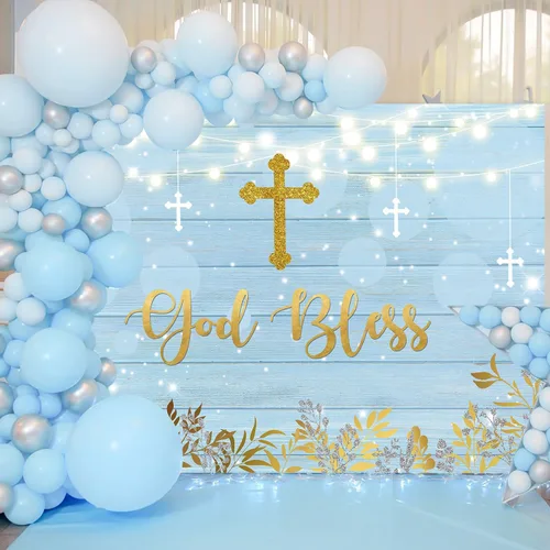 Miniatura 2 de Withu Telón de fondo de madera azul para primera comunión de bautizo, decoración de fiesta de bautizo con purpurina dorada, fondo de baby shower