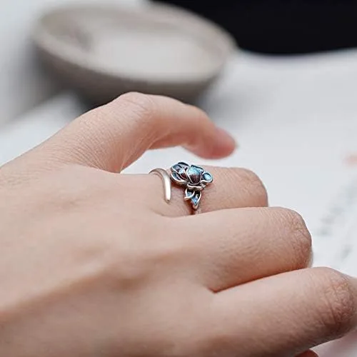 Miniatura 4 de Anillo de plata de ley 925 con esmalte y flor de loto para mujeres y niñas, abierto y ajustable, Metal, Sin piedras preciosas