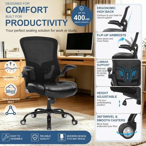 Miniatura 3 de Silla de oficina ergonómica, silla de escritorio con reposabrazos abatible ajustable con soporte lumbar, silla de computadora de malla transpirable
