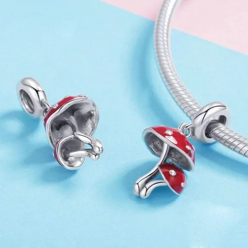Miniatura 3 de Dijes de plata de ley 925 con forma de hongo y esmalte rojo y verde, flor de campanilla, cactus, cuentas espaciadoras de cristal