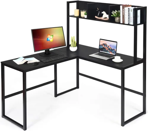 Miniatura 12 de MEDIMALL Escritorio en forma de L con estante de almacenamiento, escritorio esquinero reversible, mesa de juegos con marco de metal resistente