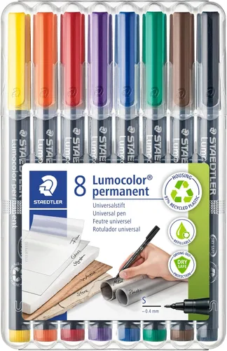 STAEDTLER Lumocolor - Bolígrafo universal, punta de fieltro, marcador permanente, caja de 8 bolígrafos de colores surtidos, 0.016 in, 313 WP8