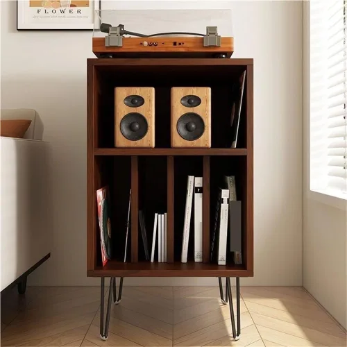 Miniatura 9 de Soporte para tocadiscos de madera, mesa de tocadiscos de gran capacidad, gabinete de almacenamiento abierto para medios, adecuado para sala
