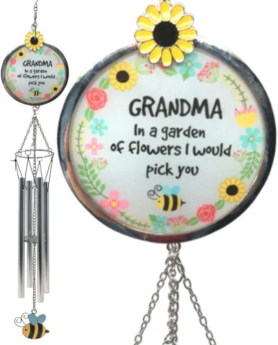 Carillón de viento para abuela – Grandmother in a Garden of Flowers I'd Pick You – Campanilla de viento floral de abeja de girasol – Regalo colgante