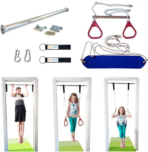 Columpio de puerta DreamGYM para niños en interior - Combo de barra de trapecio y anillos de gimnasia y columpio clásico de cuerda para gimnasio en