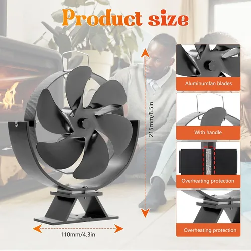 Miniatura 2 de Ventilador de estufa de leña, ventilador de chimenea de ángulo ajustable, ventilador de estufa de calor de 6 aspas para madera/quemador