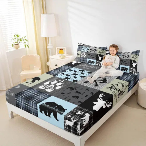 Miniatura 30 de Sábana bajera de retazos rústicos, sábanas de ciervos de oso para niños, adolescentes, adultos, mujeres, juego de ropa de cama rústica de granja