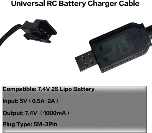 Miniatura 5 de Cable de carga USB de 7.4 V con enchufe SM-3PIN compatible con RC Car RC Plane RC Tank RC Boat y otros juguetes de control remoto para batería Lipo