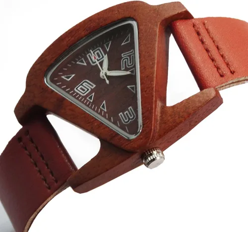 Miniatura 2 de Relojes de madera triangulares, color rojo, con correa de cuero, reloj de pulsera de cuarzo para mujer