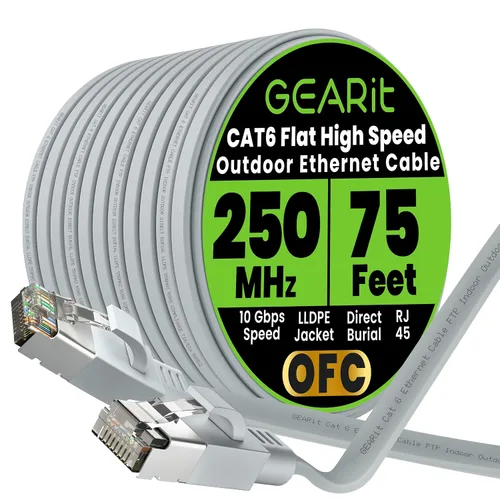 Miniatura 9 de GEARit Cable Ethernet plano Cat 6 para exteriores (15 pies, negro) Chaqueta LLDPE clasificada para entierro directo – Cat6 blindado FTP 10Gbps