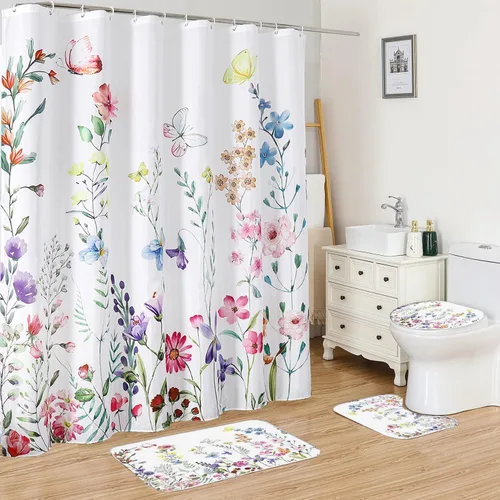 Juego de 4 cortinas de ducha con alfombras antideslizantes, cubierta para tapa de inodoro y tapete de baño, cortinas de ducha de tela floral de 72 x