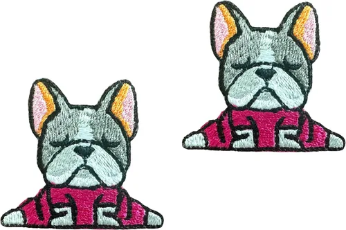 Miniatura 2 de TH - Juego de 2 minúsculos, bulldog francés, cachorro, mascota, lindo logotipo de dibujos animados, 2 parches para coser para planchar en bordado