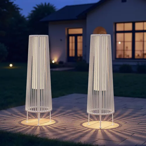 Grand patio Paquete de 2 luces solares de piso para exteriores, lámpara solar de mimbre para patio, impermeable, lámpara de terraza exterior para