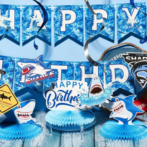 Miniatura 4 de Juego de 28 piezas de decoración de fiesta de cumpleaños de tiburón, incluye 12 espirales colgantes de feliz cumpleaños, 12 recortes colgantes, 3