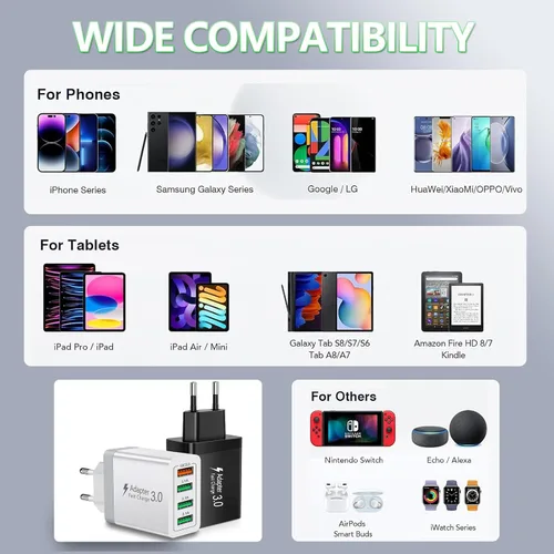 Miniatura 6 de Cargador USB europeo, adaptador de enchufe de viaje europeo 40 W 4 puertos Europa cargador USB carga rápida 3.0 UE enchufe adaptador para iPhone 17