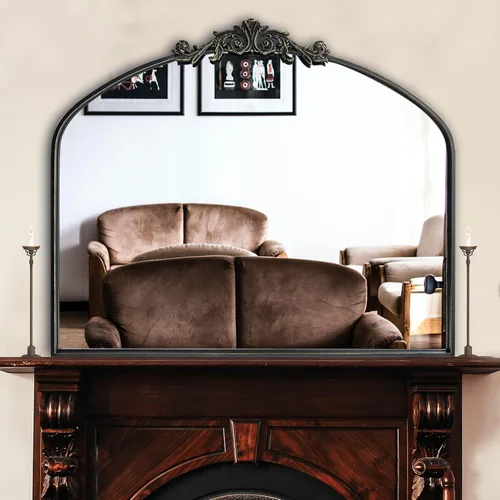 Miniatura 8 de OUSHUAI Espejo arqueado negro para pared, decoración de espejo barroco para chimenea, espejo de pared de latón, espejos ornamentados para entrada