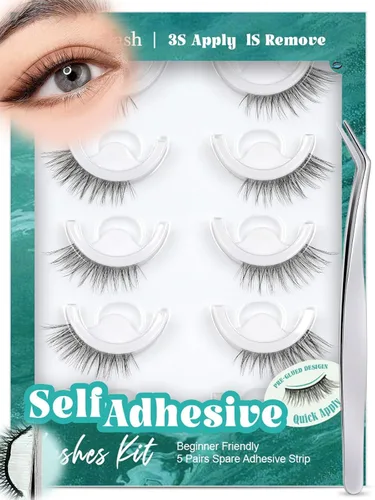 Miniatura 7 de Obeyalash Pestañas autoadhesivas de ojo de gato, banda negra y adhesivo negro, pestañas postizas impermeables a presión, 5 pares de pestañas