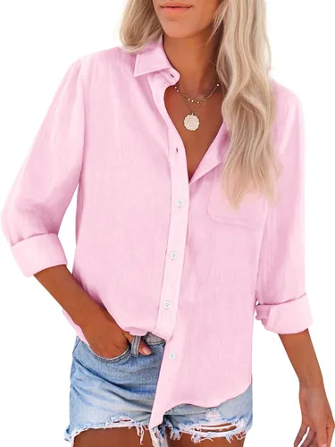 Miniatura 15 de Camisas de algodón con botones, para mujer, camisas de vestir Oxford, camisas de trabajo de manga larga, blusas con cuello y bolsillo