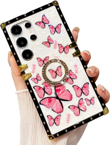 Miniatura 55 de Bonita funda compatible con Samsung Galaxy S22 Ultra, soporte plegable de lujo con diseño de mariposa brillante para mujeres y niñas, funda Blanco