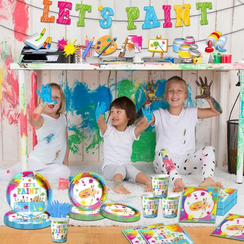 Miniatura 5 de Suministros para fiesta de pintura, juego de vajilla para fiesta de arte de 142 piezas incluye platos para fiesta de pintura y servilletas, manteles